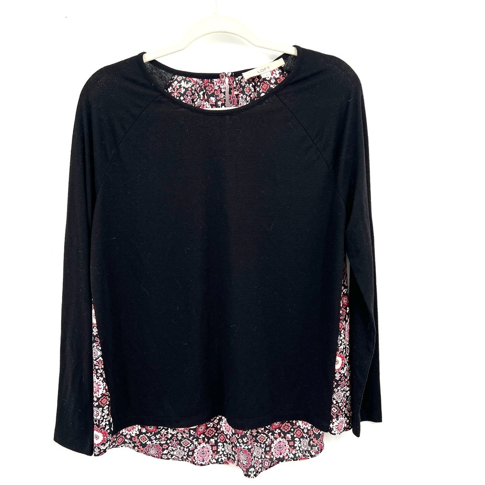 LOFT long sleeve mixed media blouse geometric floral top black career work M